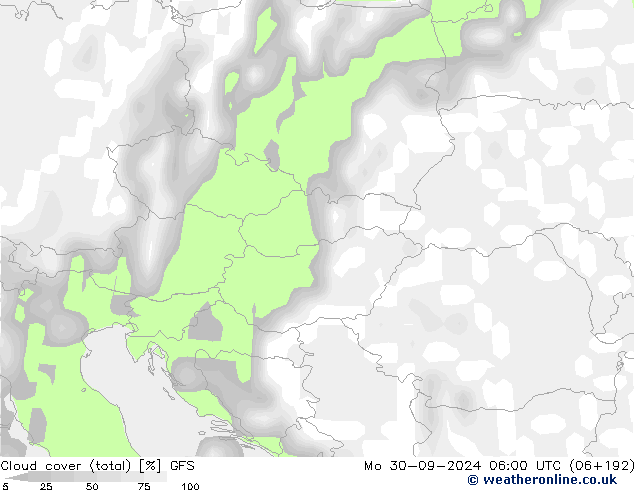 Cloud cover (total) GFS Mo 30.09.2024 06 UTC