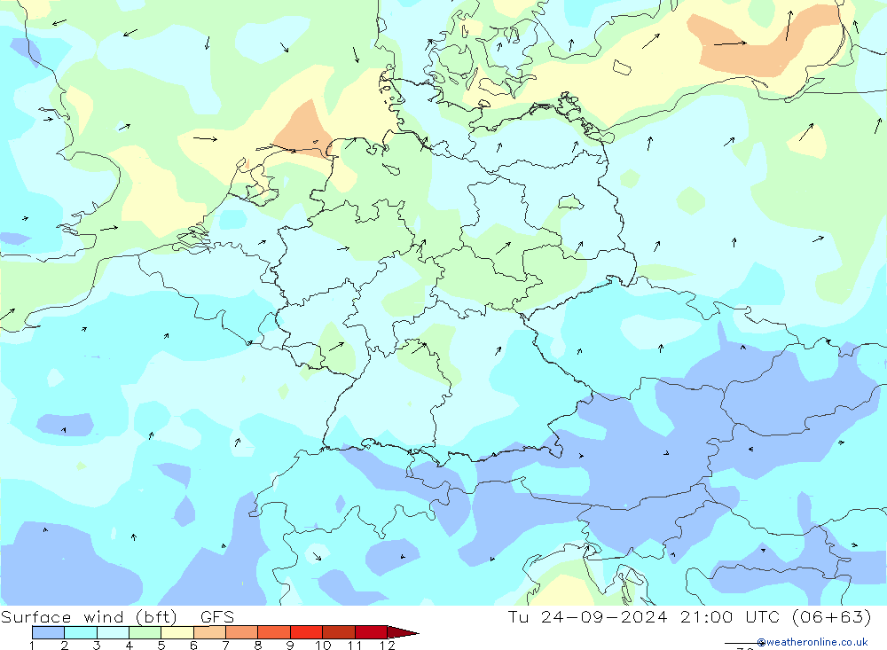 Rüzgar 10 m (bft) GFS Sa 24.09.2024 21 UTC