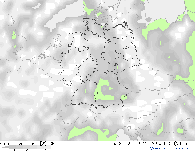 Cloud cover (low) GFS Tu 24.09.2024 12 UTC