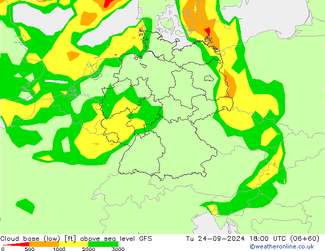 Cloud base (low) GFS Tu 24.09.2024 18 UTC