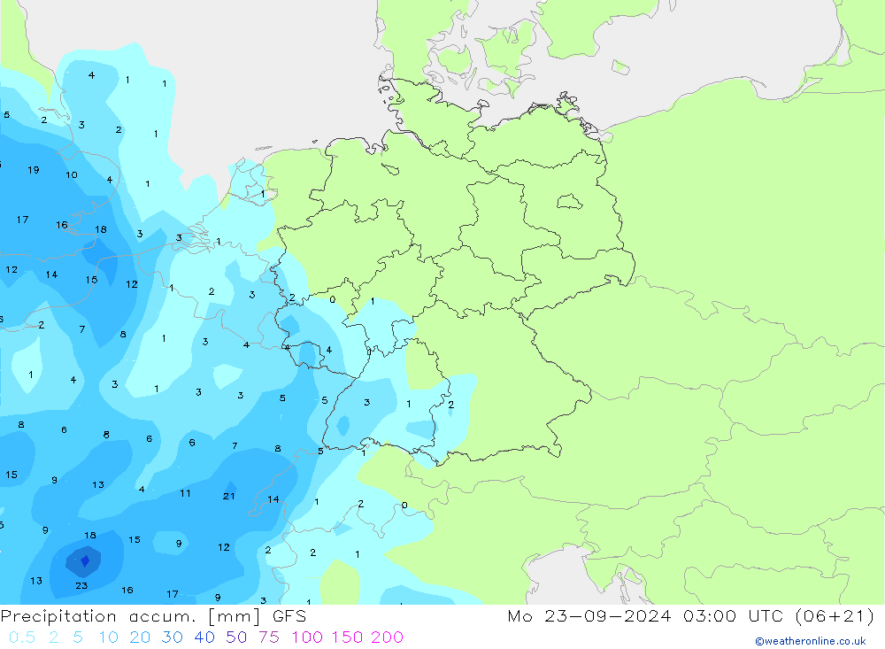 Precipitation accum. GFS Mo 23.09.2024 03 UTC