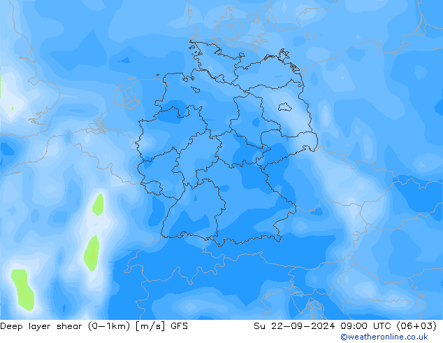 Deep layer shear (0-1km) GFS Su 22.09.2024 09 UTC