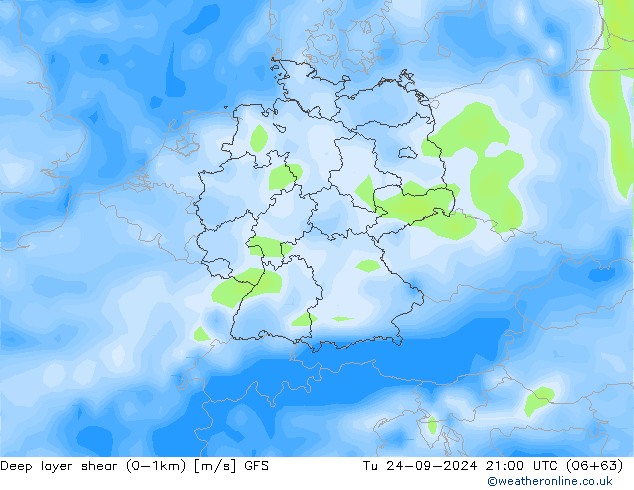 Deep layer shear (0-1km) GFS Sa 24.09.2024 21 UTC