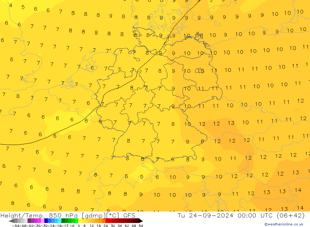 Height/Temp. 850 гПа GFS вт 24.09.2024 00 UTC