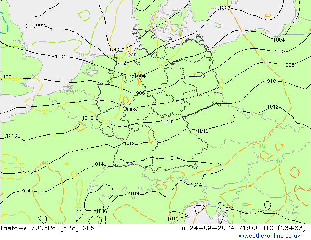 Theta-e 700hPa GFS Sa 24.09.2024 21 UTC