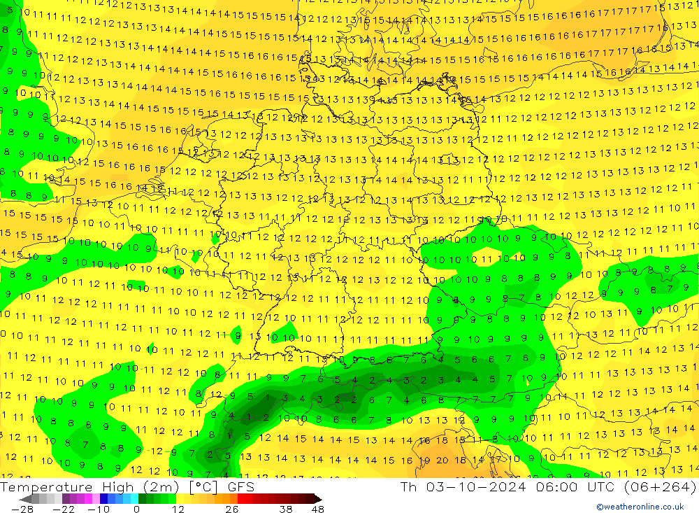 Temperature High (2m) GFS Th 03.10.2024 06 UTC