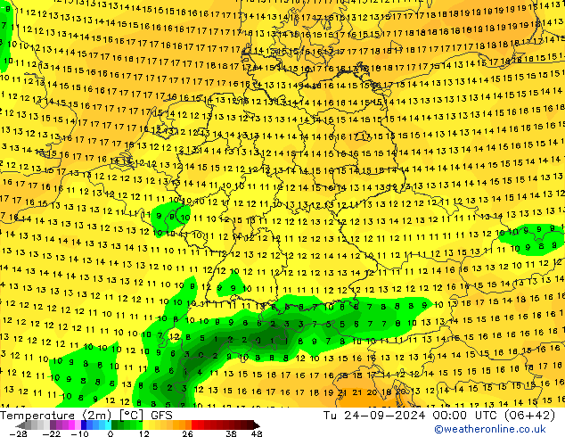 Temperature (2m) GFS Tu 24.09.2024 00 UTC