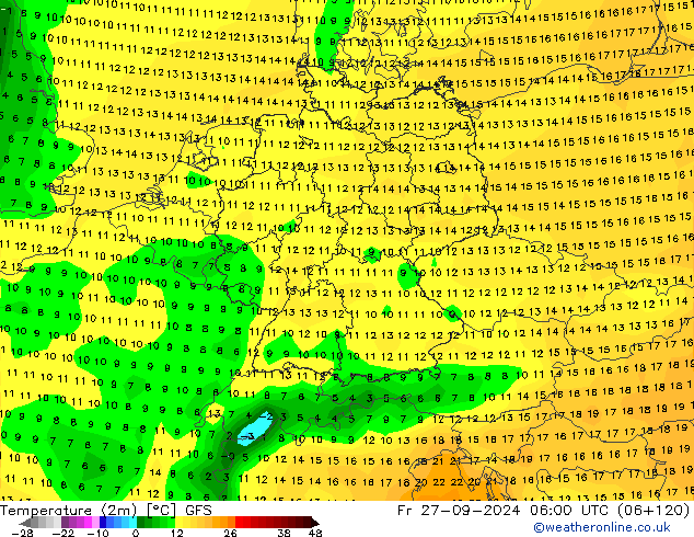 Temperatuurkaart (2m) GFS vr 27.09.2024 06 UTC