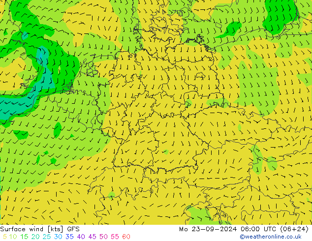 Surface wind GFS Po 23.09.2024 06 UTC