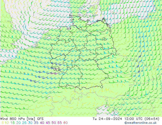 ветер 850 гПа GFS вт 24.09.2024 12 UTC