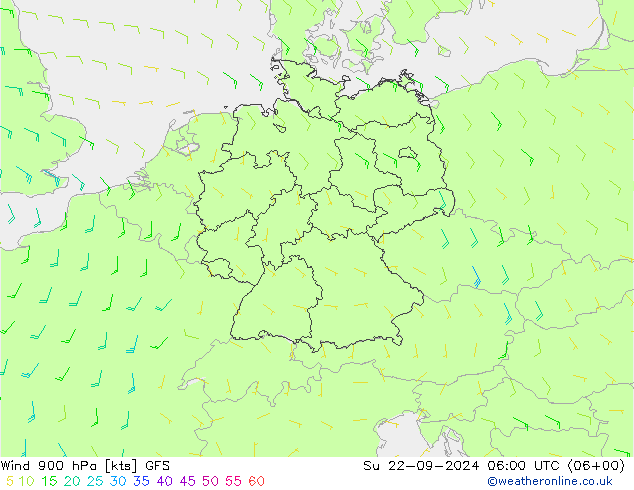 Wind 900 hPa GFS Su 22.09.2024 06 UTC