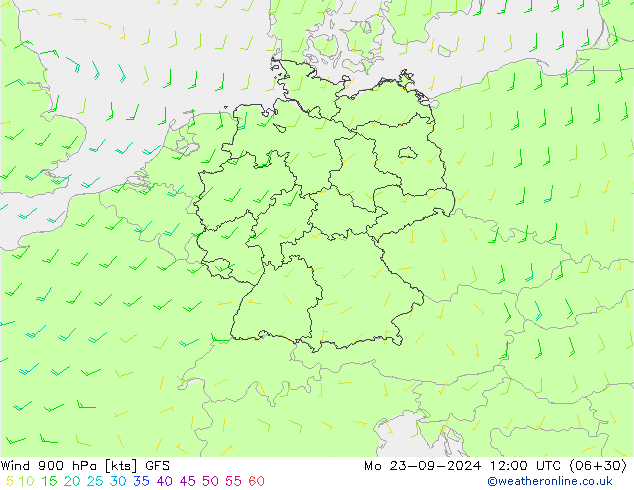 Wind 900 hPa GFS Mo 23.09.2024 12 UTC