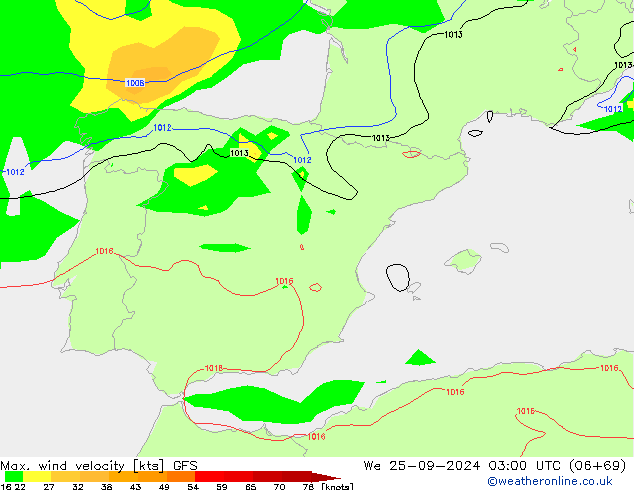 Max. wind velocity GFS We 25.09.2024 03 UTC