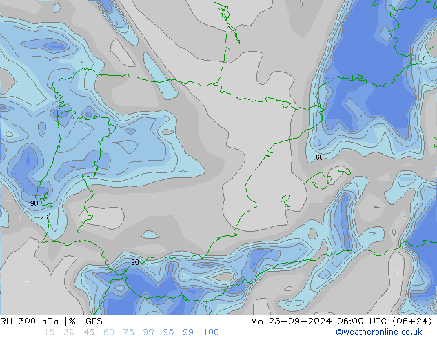 RH 300 hPa GFS Mo 23.09.2024 06 UTC