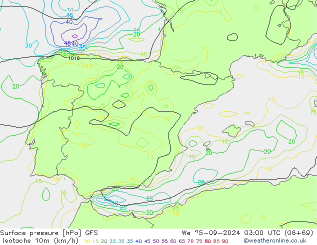 Isotachs (kph) GFS We 25.09.2024 03 UTC