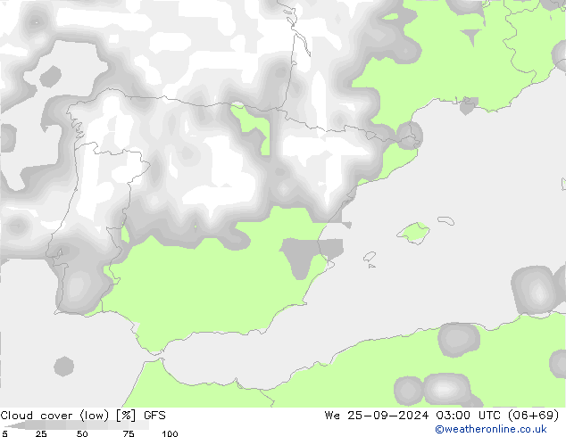 Cloud cover (low) GFS We 25.09.2024 03 UTC