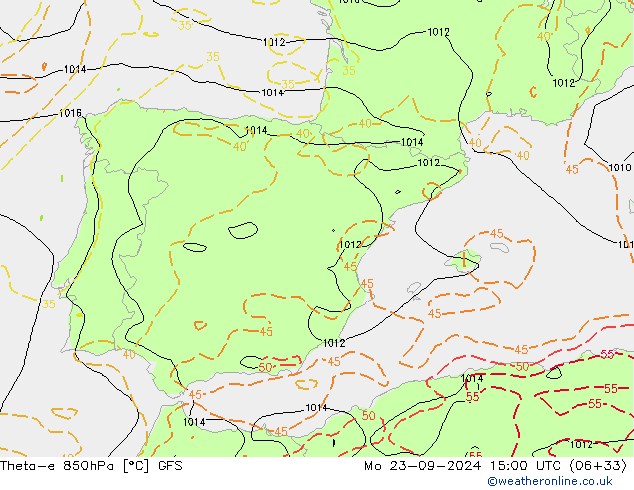 Theta-e 850hPa GFS Mo 23.09.2024 15 UTC