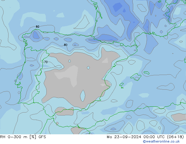 RH 0-300 m GFS Mo 23.09.2024 00 UTC