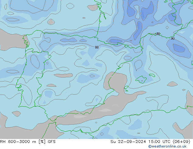 RH 600-3000 m GFS Su 22.09.2024 15 UTC