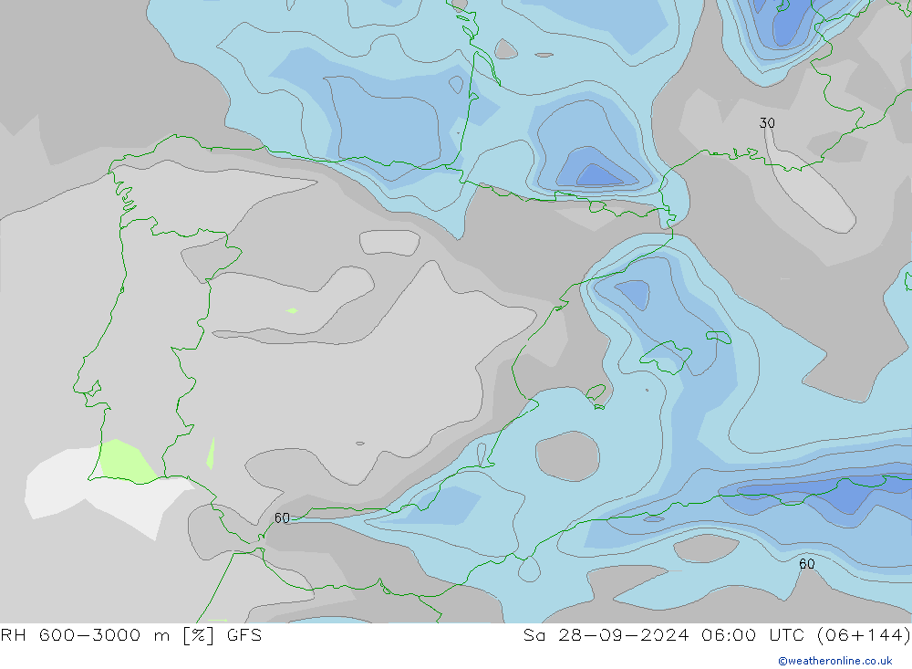 RH 600-3000 m GFS Sáb 28.09.2024 06 UTC