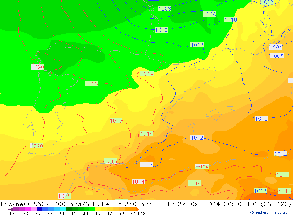 Thck 850-1000 hPa GFS Sex 27.09.2024 06 UTC