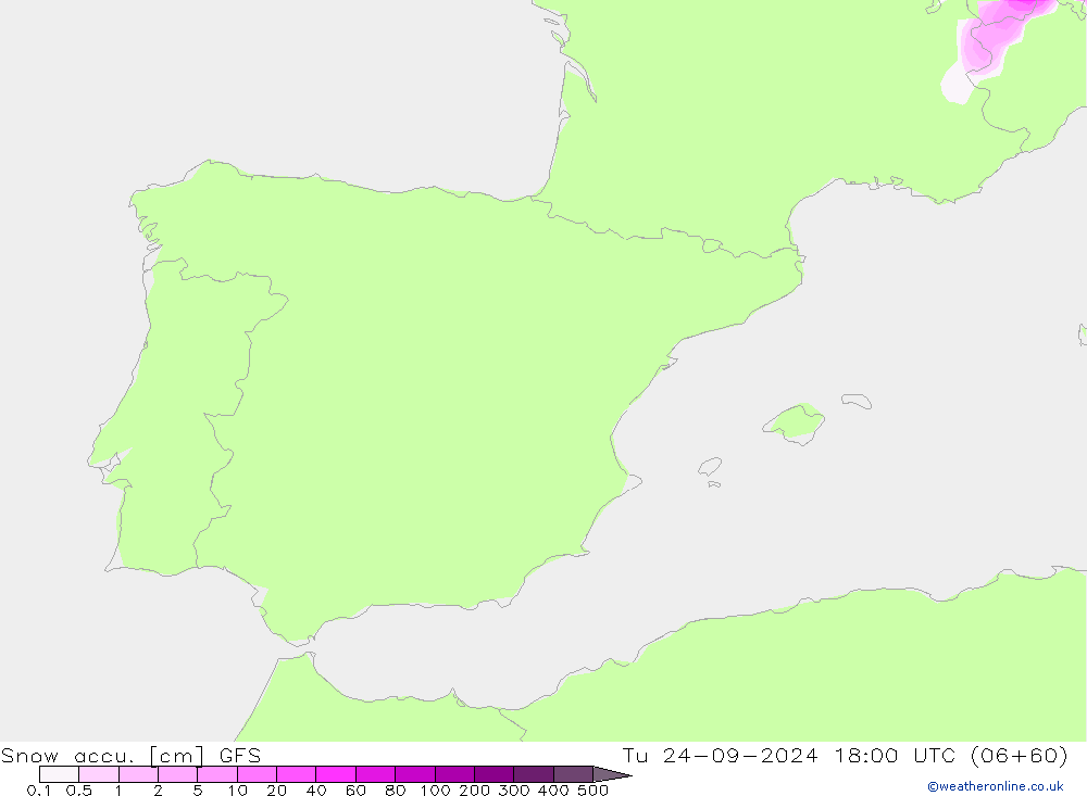 Snow accu. GFS Út 24.09.2024 18 UTC