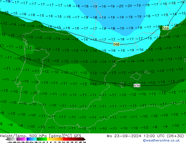 Height/Temp. 500 hPa GFS Mo 23.09.2024 12 UTC