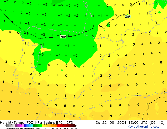 Height/Temp. 700 hPa GFS Su 22.09.2024 18 UTC