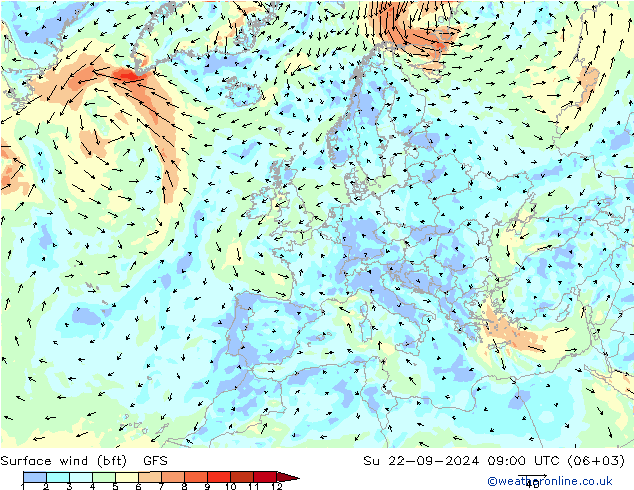 Wind 10 m (bft) GFS zo 22.09.2024 09 UTC