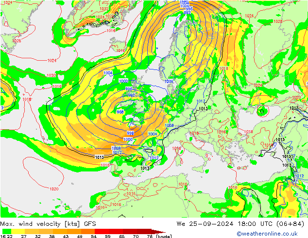 Max. wind velocity GFS mer 25.09.2024 18 UTC