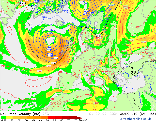 Max. wind velocity GFS Su 29.09.2024 06 UTC