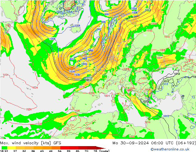 Max. wind velocity GFS пн 30.09.2024 06 UTC