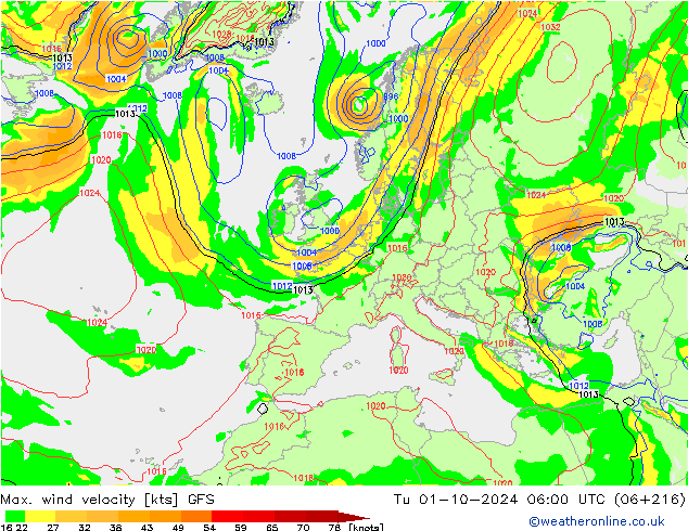 Max. wind velocity GFS Tu 01.10.2024 06 UTC