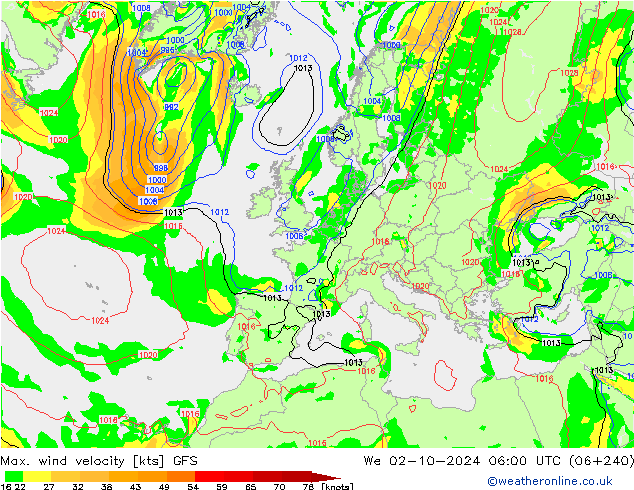 Max. wind velocity GFS mer 02.10.2024 06 UTC