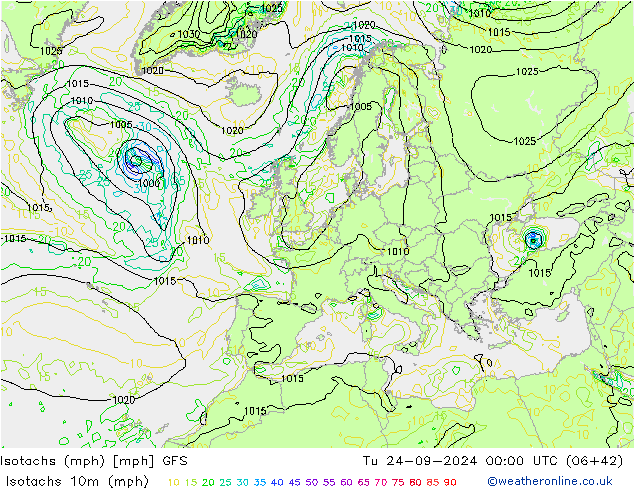 Isotachen (mph) GFS Di 24.09.2024 00 UTC