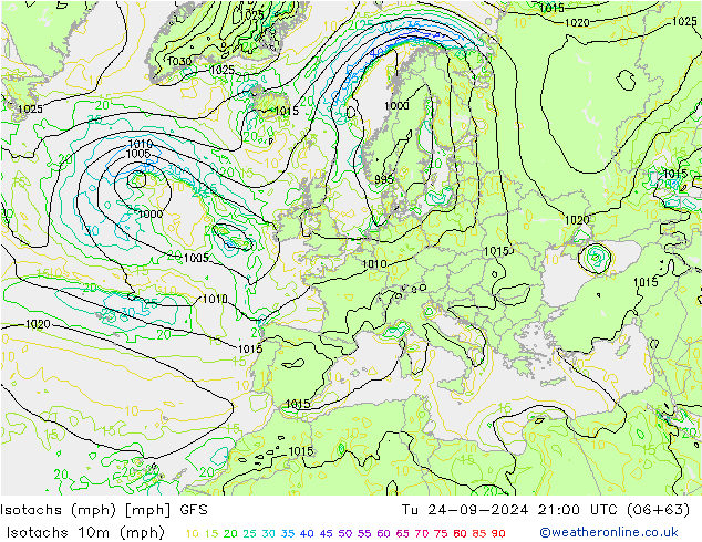 Isotachs (mph) GFS mar 24.09.2024 21 UTC