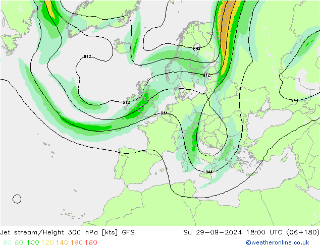 Jet stream/Height 300 hPa GFS Su 29.09.2024 18 UTC