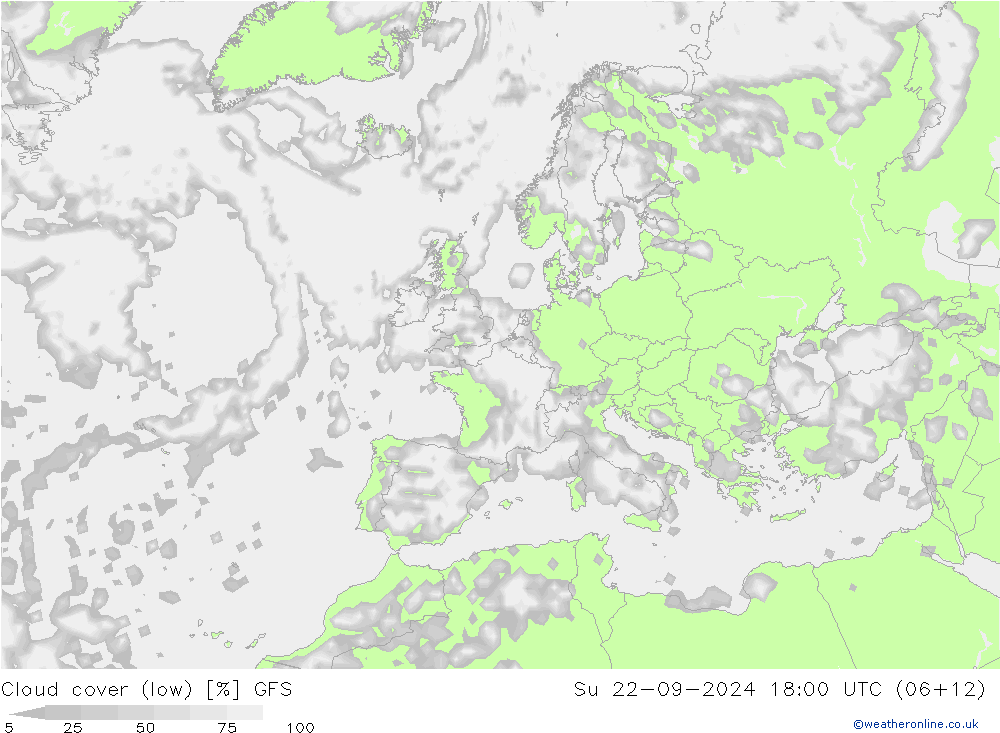 Cloud cover (low) GFS Su 22.09.2024 18 UTC