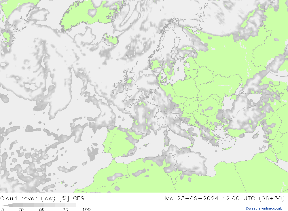 Cloud cover (low) GFS Mo 23.09.2024 12 UTC