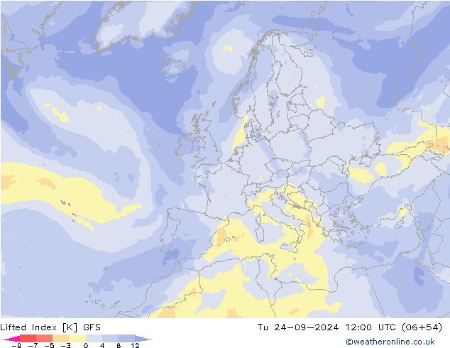 Lifted Index GFS вт 24.09.2024 12 UTC