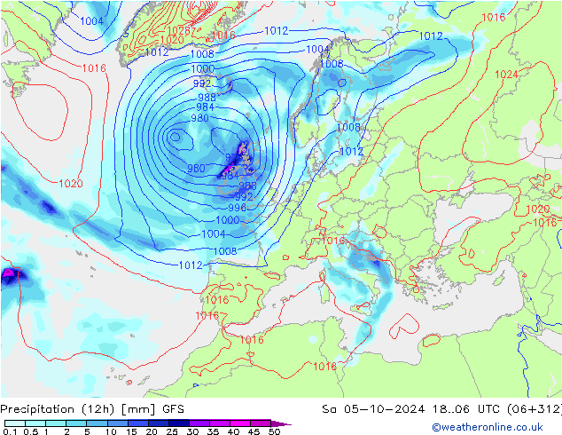 Precipitation (12h) GFS Sa 05.10.2024 06 UTC