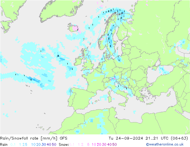 Rain/Snowfall rate GFS вт 24.09.2024 21 UTC