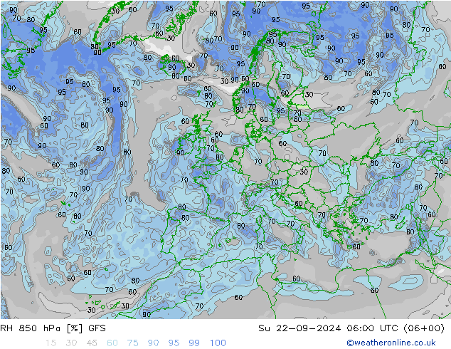 Humedad rel. 850hPa GFS dom 22.09.2024 06 UTC