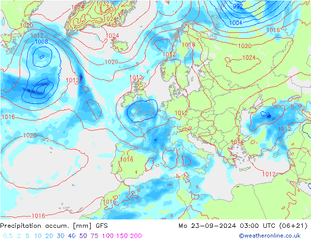 Precipitation accum. GFS lun 23.09.2024 03 UTC