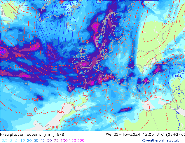 Precipitation accum. GFS mer 02.10.2024 12 UTC