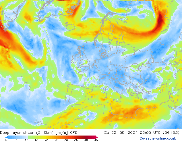 Deep layer shear (0-6km) GFS dom 22.09.2024 09 UTC