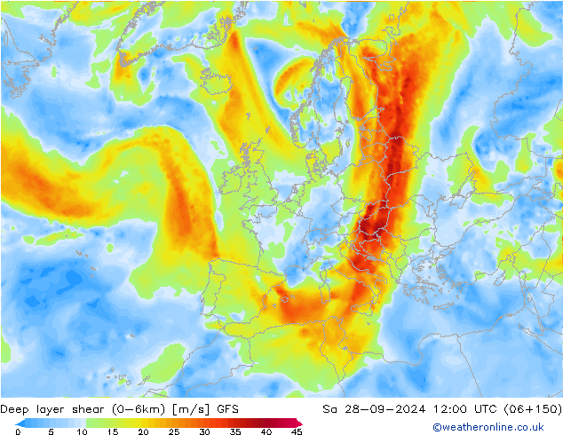 Deep layer shear (0-6km) GFS sab 28.09.2024 12 UTC