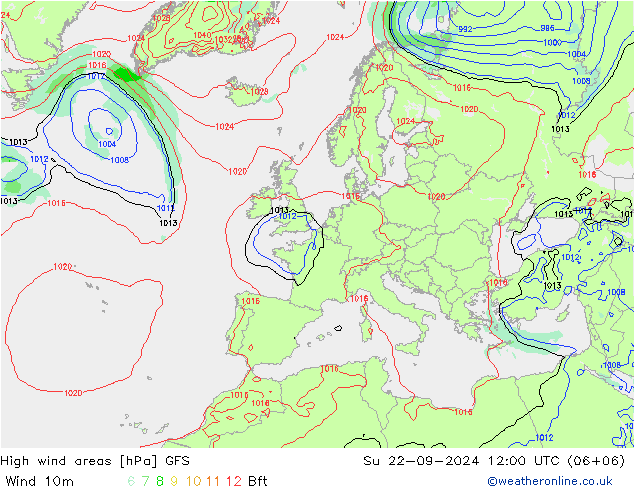 yüksek rüzgarlı alanlar GFS Paz 22.09.2024 12 UTC