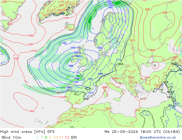 High wind areas GFS Qua 25.09.2024 18 UTC