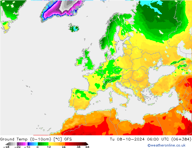 Temperatura del suelo (0-10cm) GFS mar 08.10.2024 06 UTC